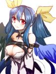  1girl asymmetrical_wings belt blue_hair breasts cleavage detached_sleeves dizzy feathered_wings guilty_gear guilty_gear_xrd hair_ribbon hair_rings highres large_breasts long_hair long_sleeves red_eyes ribbon ryuuri_(aoithigo) solo twintails wings yellow_ribbon 