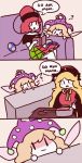  3girls 3koma ? blush_stickers book clownpiece comic cooking couch earth_(ornament) english fairy_wings hat hecatia_lapislazuli jester_cap junko_(touhou) multiple_girls open_mouth orz_(kagewaka) polos_crown pot shaded_face sitting spoken_question_mark touhou wings 