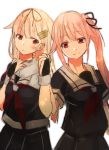  2girls blonde_hair fingerless_gloves gloves hand_holding harusame_(kantai_collection) kantai_collection multiple_girls pink_hair red_eyes remodel_(kantai_collection) rinto_(rint_rnt) smile upper_body yuri yuudachi_(kantai_collection) 