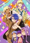  3boys 3girls anger_vein angry atram_galiast black_pants black_sweater black_vest blonde_hair blue_eyes blue_hair bracelet brown_clothes caster dark_skin dark_skinned_male fabulous fate/grand_order fate/stay_night fate_(series) gakuran glasses hand_on_head hand_on_own_face jason_(fate/grand_order) jewelry kettle21 long_hair looking_at_viewer matou_sakura matou_shinji multiple_boys multiple_girls necklace one_eye_closed outstretched_arms pants pink_sweater pointing puffy_sleeves purple_clothes purple_hair rider school_uniform smile sparkle sparkle_background sweater turtleneck vest waistcoat wavy_hair white_clothes 