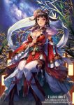  1girl bamboo bell boots breasts brown_hair chinese_clothes cleavage flower hair_flower hair_ornament hair_rings hairband large_breasts mismi night official_art pants solo violet_eyes z/x 
