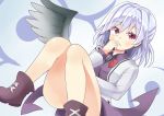  1girl aki_chimaki blush bow bowtie covering_mouth dress feathered_wings grey_wings jacket kishin_sagume long_sleeves looking_at_viewer open_clothes open_jacket purple_dress purple_shoes red_bow red_bowtie red_eyes shoes silver_hair single_wing solo touhou wings 
