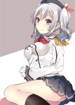 1girl beret breasts buttons epaulettes frilled_sleeves frills gloves grey_eyes hat jacket kantai_collection kashima_(kantai_collection) kerchief military military_uniform miniskirt neckerchief pleated_skirt shiomizu_(swat) silver_hair sitting skirt solo twintails uniform wavy_hair white_gloves 