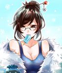  1girl bangs bare_shoulders beads black-framed_eyewear blue_gloves breasts brown_eyes brown_hair cleavage coat collarbone dated drone fur-lined_jacket fur_coat fur_trim glasses gloves hair_bun hair_ornament hair_stick jacket large_breasts m-musume_(catbagel) mei_(overwatch) off_shoulder open_clothes open_jacket overwatch parka popsicle robot short_hair sidelocks smile snowball_(overwatch) snowflake_hair_ornament snowflakes solo swept_bangs tank_top teeth teeth_hold upper_body winter_clothes winter_coat 
