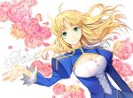 ahoge artoria_pendragon_(all) blonde_hair breasts character_name cleavage cleavage_cutout dress ells fate/stay_night fate_(series) flower frilled_sleeves frills green_eyes long_hair petals rose rose_petals saber white_background 