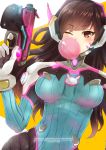  1girl armor bangs blush bodysuit bracer breasts breasts_apart brown_eyes brown_hair bunny_print copyright_name cowboy_shot d.va_(overwatch) dated enjelicious eyebrows eyebrows_visible_through_hair facepaint facial_mark finger_on_trigger gloves gun hand_up handgun headphones high_collar highres holding holding_gun holding_weapon long_hair long_sleeves medium_breasts one_eye_closed overwatch pauldrons pilot_suit ribbed_bodysuit shoulder_pads solo turtleneck watermark weapon web_address whisker_markings white_gloves 