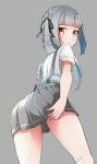  1girl back comah embarrassed grey_hair hand_on_own_thigh kantai_collection kasumi_(kantai_collection) long_hair looking_back school_uniform shirt short_sleeves side_ponytail silver_hair skirt solo suspender_skirt suspenders wavy_mouth white_shirt yellow_eyes 