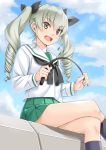  1girl alternate_costume anchovy black_ribbon brown_eyes clouds cloudy_sky cosplay drill_hair girls_und_panzer green_hair green_skirt hair_ribbon kneehighs legs_crossed long_hair long_sleeves miri_(ago550421) open_mouth pleated_skirt ribbon riding_crop sailor_collar school_uniform serafuku silver_hair sitting skirt sky solo twin_drills twintails 