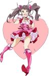  1girl :d boots commentary_request cosplay crossover cure_peach cure_peach_(cosplay) dress foreshortening fresh_precure! frilled_dress frills full_body happy heart knee_boots looking_at_viewer magical_girl okamoto_miyu open_mouth pink_boots pink_dress precure simple_background sketch smile solo standing twintails two-tone_background umanosuke wake_up_girls! white_background 