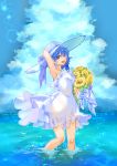  1girl :d arm_behind_head arm_up armpits bangs blue_background blue_hair blue_sky bouquet clouds cloudy_sky dress flower hair_over_eyes hat hat_ribbon highres holding_bouquet looking_at_viewer noah_noir open_mouth original red_eyes ribbon short_hair sky sleeveless sleeveless_dress smile solo straw_hat sundress sunflower wading water white_dress 