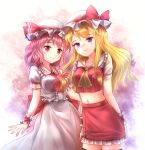  2girls arm_around_waist arm_at_side ascot between_breasts blonde_hair breasts cosplay crop_top embarrassed flandre_scarlet flandre_scarlet_(cosplay) frilled_sleeves frills gradient gradient_background hat hat_ribbon looking_at_viewer medium_breasts midriff miniskirt minust mob_cap multiple_girls navel necktie necktie_between_breasts pink_eyes pink_hair pink_shirt pink_skirt puffy_short_sleeves puffy_sleeves purple_background red_skirt red_vest remilia_scarlet remilia_scarlet_(cosplay) ribbon saigyouji_yuyuko shirt short_sleeves skirt smile thigh-highs touhou undersized_clothes violet_eyes wavy_hair white_shirt wrist_cuffs yakumo_yukari zettai_ryouiki 