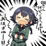  !! &gt;_&lt; 1girl black_hair braid closed_eyes commentary_request girls_und_panzer kanikama laughing long_sleeves lowres open_mouth pepperoni_(girls_und_panzer) short_hair side_braid solo speech_bubble translation_request uniform 