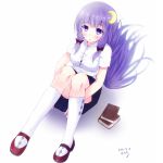  1girl alternate_costume amatsuki_hotaru blush book bow crescent crescent_hair_ornament hair_bow hair_ornament highres holding_legs open_mouth patchouli_knowledge purple_hair solo touhou violet_eyes 