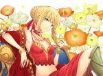  1girl ahoge alternate_costume bangle bangs blonde_hair bracelet breasts camisole character_name choker cleavage cloak couch crop_top cup dress elbow_rest ells fate/extra fate_(series) floral_background flower goblet greaves green_eyes hair_bun head_tilt holding holding_cup jewelry knee_up looking_at_viewer midriff navel necklace nero_claudius_(fate)_(all) no_bra open_clothes open_robe red_dress red_skirt robe saber_extra short_hair sitting skirt smile solo spaghetti_strap text 