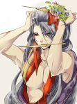  1boy androgynous arms_up black_hair eyes_visible_through_hair flower hair_flower hair_ornament hair_over_one_eye hairdressing japanese_clothes jirou_tachi long_hair male_focus muscle nipples personification simple_background smile solo touken_ranbu traditional_clothes tsubura_(artist) upper_body wet wet_clothes white_background yellow_eyes 