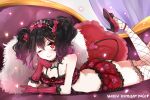  1girl black_hair bow couch demon_tail fishnet_legwear fishnets gloves hair_bow love_live! lying on_stomach one_eye_closed purin_(purin0) red_eyes solo tail thigh-highs tiara twintails yazawa_nico 