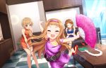  3girls ^_^ aiba_yumi artist_request bangs belt blonde_hair blunt_bangs blush bracelet breasts brown_eyes brown_hair checkered checkered_floor child cleavage closed_eyes collarbone dress dutch_angle embarrassed fan feet hairband happy high_heels ichihara_nina idolmaster idolmaster_cinderella_girls idolmaster_cinderella_girls_starlight_stage jewelry katagiri_sanae legs_crossed long_hair multiple_girls necklace official_art open_mouth oversized_clothes shoe_dangle short_hair sitting smile standing standing_on_one_leg 