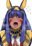  1girl bangs blunt_bangs blush breasts butcha-u dark_skin earrings egyptian_clothes fate/grand_order fate_(series) flying_sweatdrops gem hairband jackal_ears jewelry long_hair nitocris_(fate/grand_order) open_mouth purple_hair simple_background solo teeth tongue tongue_out violet_eyes white_background 