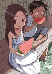  1boy 1girl absurdres brown_eyes brown_hair commentary_request dress eating eyebrows food forehead fruit grass highres karakai_jouzu_no_takagi-san legs_crossed looking_at_viewer nishikata porch sitting sundress takagi-san watermelon yamamoto_souichirou 