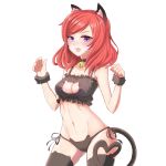  1girl absurdres animal_ears bell bell_choker black_panties breasts cat_cutout cat_ear_panties cat_ears cat_lingerie cat_tail choker cleavage cleavage_cutout fang highres looking_at_viewer love_live! love_live!_school_idol_project midriff nadaellus_(arx075) navel nishikino_maki open_mouth panties paw_pose redhead short_hair side-tie_panties solo tail thigh-highs underwear violet_eyes 