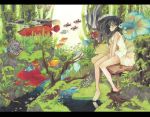  1girl absurdres bangs bare_legs bare_shoulders barefoot between_legs black_hair blush dress fish floating_hair from_side hand_between_legs highres letterboxed long_hair looking_to_the_side moss nature original outdoors reflection seaweed sitting sleeveless sleeveless_dress solo stream surreal traditional_media tree_stump umezakura v_arms violet_eyes water 