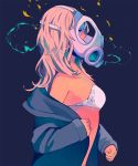  1girl bare_shoulders blue_background blue_eyes blue_jacket bra clothes_down from_side gas_mask hair_over_shoulder jacket long_hair nanakawa_(nanasoon) off_shoulder original pink_hair simple_background sleeves_past_wrists solo underwear undressing white_bra 