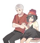  1boy 1girl :i bangs bare_legs beanie black_hair blue_eyes blush female_protagonist_(pokemon_sm) floral_print grey_hair hat island_kahuna jacket jewelry kuchinashi_(pokemon) necklace needle one_eye_closed open_mouth pokemon pokemon_(game) pokemon_sm pout red_eyes red_hat sewing sewing_needle shirt short_hair short_sleeves simple_background sitting swept_bangs t-shirt toypatriot white_background wrinkles 