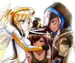  3girls :t ana_(overwatch) aqua_eyes arm_wrap bandage bandaid bandaid_on_shoulder bangs black_gloves blonde_hair blue_eyes blush bodysuit braid breasts brown_eyes cleavage closed_mouth coat collarbone dark_skin eyebrows eyebrows_visible_through_hair eyepatch facial_mark facial_tattoo faulds girl_sandwich gloves headband hijab hood hug large_breasts long_hair long_sleeves looking_at_another m-musume_(catbagel) mechanical_halo mechanical_wings mercy_(overwatch) mother_and_daughter multiple_girls old_woman one_eye_closed overwatch pharah_(overwatch) ponytail pout sandwiched short_hair simple_background single_braid tattoo upper_body white_background white_hair wings 