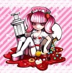  1girl agi_(neckless) bangs blunt_bangs boots breasts cake cleavage closed_mouth diagonal_stripes doughnut food food_themed_hair_ornament full_body glint hair_ornament high_heels lace_border macaron milk_(pop&#039;n_music) nurse open_clothes open_shirt pink_eyes pink_hair platform_footwear pop&#039;n_music red_eyes shirt short_sleeves sitting smile solo strawberry_hair_ornament syringe thigh-highs thigh_boots white_boots white_legwear white_shirt 