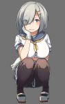  1girl blue_eyes breasts grey_background hair_ornament hair_over_one_eye hairclip hamakaze_(kantai_collection) highres kantai_collection kei_(soundcross) large_breasts looking_at_viewer medium_breasts open_mouth pantyhose short_hair silver_hair simple_background smile solo squatting 