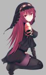  1girl bodysuit breasts fate/grand_order fate_(series) highres kesoshirou long_hair looking_at_viewer pauldrons purple_hair red_eyes scathach_(fate/grand_order) simple_background solo veil 