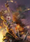  1girl arm_strap arm_tattoo artist_name bare_shoulders belt black_gloves blonde_hair bracer breasts chains collarbone dated explosive fiery_hair fingerless_gloves fire genderswap genderswap_(mtf) gloves green_shorts grenade hand_up harness heart highres junkrat_(overwatch) large_breasts looking_at_viewer mechanical_arm mechanical_hand messy_hair open_mouth overwatch patches peg_leg shisherry short_hair shorts single_glove sitting sitting_on_object skull_and_crossbones smoke solo spikes spiky_hair stomach strap tattoo teeth tire topless under_boob yellow_eyes 