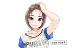  1girl blush brown_eyes brown_hair carina_(xiaowoo) collarbone hair_lift hand_on_own_head kishi_mieko looking_at_viewer original purin_(carina) shirt short_hair simple_background smile solo t-shirt white_background 