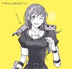  1girl ashigara_(kantai_collection) bangs dress fang gloves greyscale hairband high_collar kantai_collection long_hair looking_at_viewer monochrome one_eye_closed open_mouth partially_translated sketch smile solo star suetake_(kinrui) translation_request turret twitter_username yellow_background 
