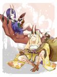  blonde_hair earrings facial_mark fang fate/grand_order fate_(series) highres horns ibaraki_douji_(fate/grand_order) japanese_clothes jewelry kimono long_hair off_shoulder oni oni_horns open_mouth purple_hair sakazuki short_hair shuten_douji_(fate/grand_order) smile tanaka_(gohanumee) tattoo violet_eyes yellow_eyes 