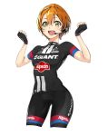  1girl alternate_costume arms_up biker_clothes bikesuit headphones highres hoshizora_rin looking_at_viewer love_live! love_live!_school_idol_project microphone open_mouth orange_hair short_hair takuwanko yellow_eyes 