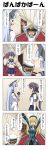  &gt;_&lt; 1boy 3girls 4koma :d =_= akebono_(kantai_collection) arms_up atago_(kantai_collection) bell beret black_gloves blonde_hair blue_hair breasts closed_eyes comic flower gloves hair_bell hair_flower hair_ornament hat highres jingle_bell jitome kantai_collection little_boy_admiral_(kantai_collection) multiple_girls murakumo_(kantai_collection) neckerchief o_o open_mouth outstretched_arms pan-pa-ka-paaan! pantyhose pointing purple_hair rappa_(rappaya) school_uniform serafuku shota_admiral_(kantai_collection) side_ponytail skirt smile surprised translation_request white_flower xd 
