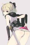  1girl ass black_eyes blonde_hair bracer butt_crack commentary_request eyebrows eyebrows_visible_through_hair fate_(series) from_behind fundoshi gin_(oyoyo) grey_background highres japanese_clothes katana kimono koha-ace looking_at_viewer looking_back obi original sakura_saber sash short_hair short_kimono simple_background solo sword weapon 