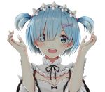  1girl absurdres alternate_hairstyle blue_eyes blue_hair hair_over_one_eye highres looking_at_viewer maid re:zero_kara_hajimeru_isekai_seikatsu rem_(re:zero) rhode short_hair smile solo two_side_up x_hair_ornament 