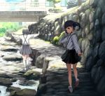  2girls balancing bangs bare_legs black_eyes black_hair black_skirt blunt_bangs bob_cut bridge building canal commentary_request from_behind grey_skirt ground_vehicle highres kneehighs long_hair long_sleeves looking_back moss motor_vehicle multiple_girls original outdoors outstretched_arms path retaining_wall river road rock scenery school_uniform shade shirt shoes short_hair skirt smile sneakers socks sody spread_arms stone_wall sunlight suspenders twintails walking wall water white_legwear white_shirt 