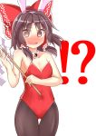  !? 1girl :d aki_chimaki alternate_costume animal_ears bare_shoulders black_hair black_legwear blush bow breasts brown_eyes bunny_girl bunnysuit cleavage covered_navel cowboy_shot detached_collar embarrassed fake_animal_ears gohei hair_bow hair_tubes hakurei_reimu highres leotard looking_at_viewer nose_blush open_mouth pantyhose rabbit_ears red_bow short_hair sideboob sleeveless small_breasts smile solo thigh_gap touhou wavy_mouth yin_yang 