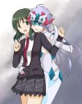  2girls ahoge arm_grab armor blazer blush bow breasts claws eyebrows eyebrows_visible_through_hair gradient gradient_background green_eyes green_hair hair_bow half_updo hand_on_another&#039;s_hip hzk jacket kohinata_miku long_hair looking_at_another low-tied_long_hair multiple_girls necktie parted_lips pauldrons plaid plaid_skirt pleated_skirt purple_hair school_uniform senki_zesshou_symphogear skirt smile sweat tied_hair twintails under_boob vambraces violet_eyes visor yukine_chris yuri 