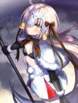  1girl black_gloves blonde_hair blush breasts capelet cleavage elbow_gloves fate/grand_order fate_(series) gloves helmet holding jeanne_alter jeanne_alter_(santa_lily)_(fate) long_hair looking_at_viewer ofstan ruler_(fate/apocrypha) snowing solo very_long_hair yellow_eyes 