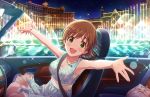  1girl armpits artist_request bag bangs bare_shoulders blush bracelet breasts brown_hair car car_interior collarbone dress earrings ground_vehicle hair_ornament hairclip honda_mio idolmaster idolmaster_cinderella_girls idolmaster_cinderella_girls_starlight_stage jewelry motor_vehicle necklace night night_sky official_art open_mouth outstretched_arms short_hair sky sleeveless sleeveless_dress smile solo star_(sky) water 