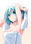  1girl aqua_eyes aqua_hair armpits arms_up bare_shoulders breasts cleavage collarbone divine_gate highres holding looking_at_viewer medium_breasts naked_towel parted_lips pink_background short_hair simple_background solo sorairo_porin towel upper_body vivian_(divine_gate) wet wet_hair 