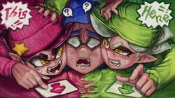  +_+ 1boy 2girls ? @_@ angry aori_(splatoon) blue_hair blush ceramic_man domino_mask eyebrows fangs girl_sandwich hat highres hotaru_(splatoon) ink inkling mask mole mole_under_eye multiple_girls open_mouth pointy_ears purple_hair sandwiched silver_hair splatoon spoken_question_mark squidbeak_splatoon star sweatdrop symbol-shaped_pupils tentacle tentacle_hair thick_eyebrows yellow_eyes 