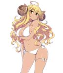  1girl ahoge anila_(granblue_fantasy) bell bikini blonde_hair breast_hold breasts chan_co cleavage contrapposto cowboy_shot doraf eyebrows eyebrows_visible_through_hair granblue_fantasy horns large_breasts leg_ribbon long_hair navel ribbon side-tie_bikini simple_background solo swimsuit very_long_hair wavy_hair white_background white_bikini yellow_eyes 