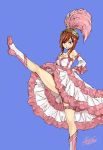  1girl black_hair blue_background blush boots breasts copyright_name dress erza_scarlet fairy_tail feathers hair_ornament leg_up looking_at_viewer mashima_hiro redhead simple_background smile solo 