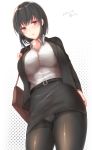  1girl alternate_costume arm_at_side black_legwear blouse breasts business_suit casual crotch_seam dated formal from_below highres impossible_clothes kantai_collection large_breasts looking_at_viewer miniskirt office_lady panties panties_under_pantyhose pantyhose pencil_skirt red_eyes sakiryo_kanna skirt skirt_suit suit takao_(kantai_collection) thighband_pantyhose undersized_clothes underwear white_blouse 