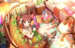  1girl artist_request bangs bed blunt_bangs blush book boots bow brown_eyes brown_hair chair flower hair_bow hair_flower hair_ornament idolmaster idolmaster_cinderella_girls idolmaster_cinderella_girls_starlight_stage lamp long_hair looking_at_viewer official_art ogata_chieri pillow plant rabbit shorts smile solo stuffed_animal stuffed_bunny stuffed_toy 